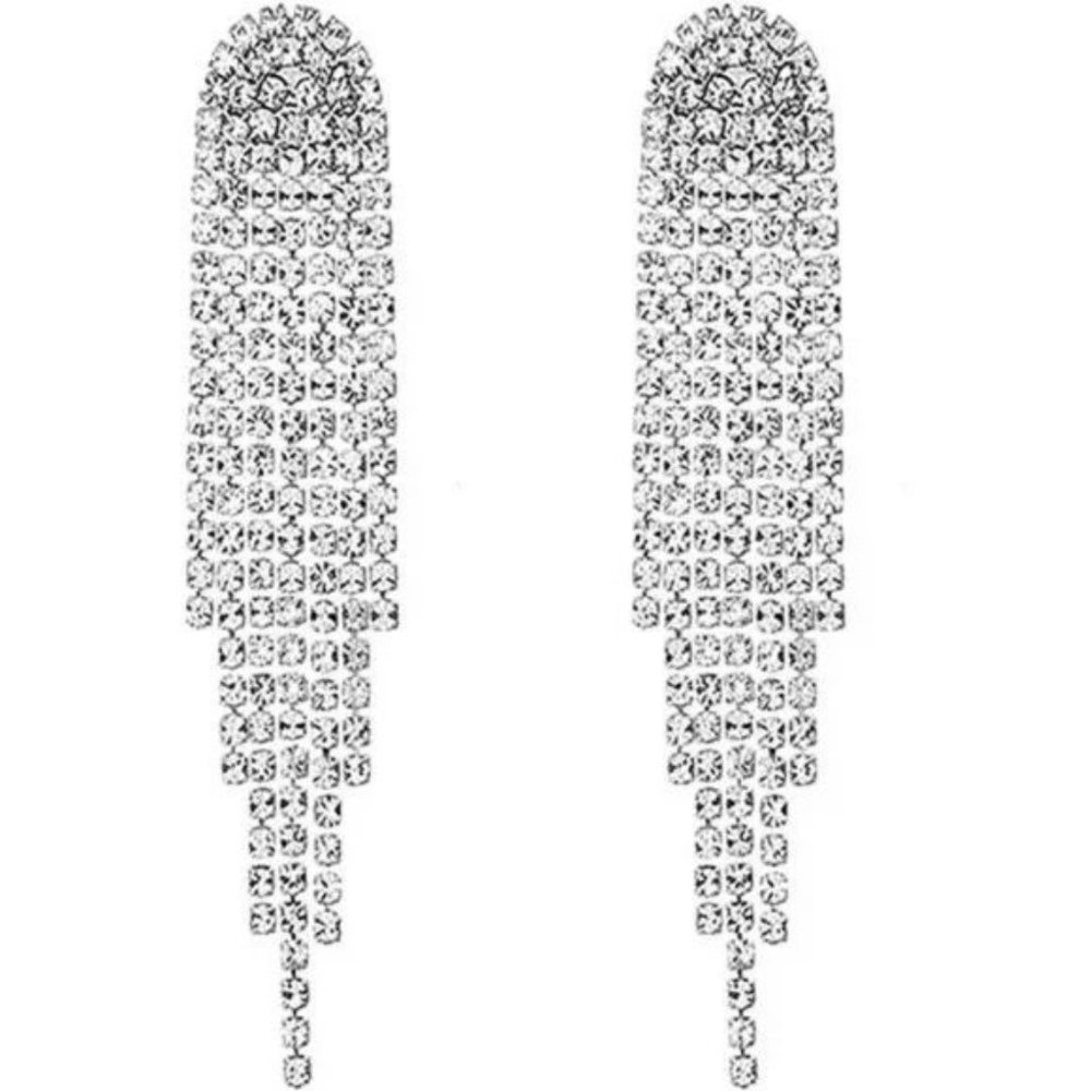 Clear Rhinestone Crystal Boho Tassel Fringe Long Sparkle Dangle Earrings